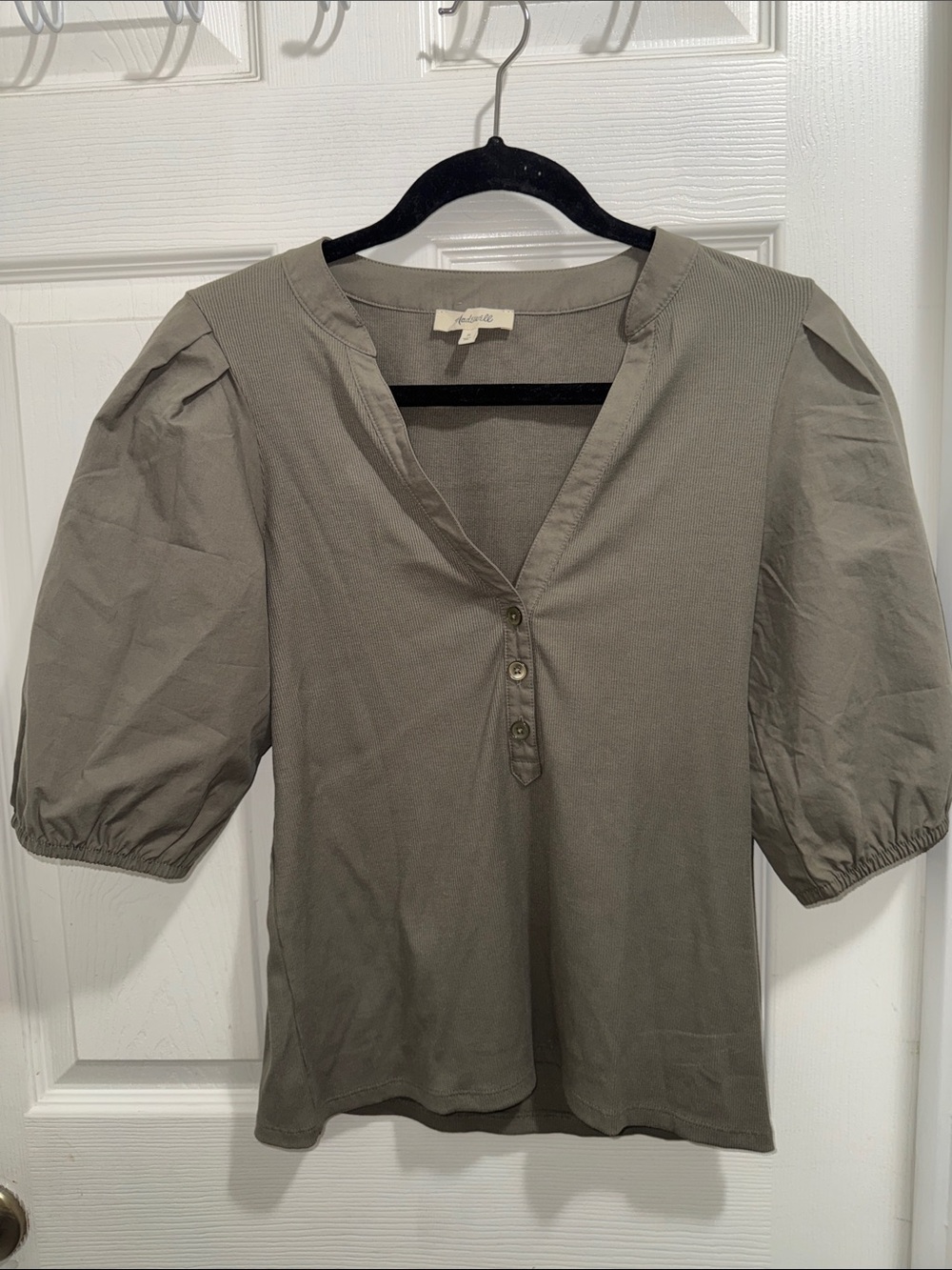 Madewell Olive Green Puff-Sleeve Henley Top